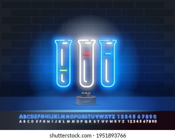 Glowing neon line Test tube or flask - chemical laboratory test icon isolated on brick wall background. Laboratory, scientific glassware sign. Colorful outline concept. Vector