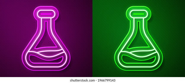 Glowing neon line Test tube and flask icon isolated on purple and green background. Chemical laboratory test. Laboratory glassware.  Vector