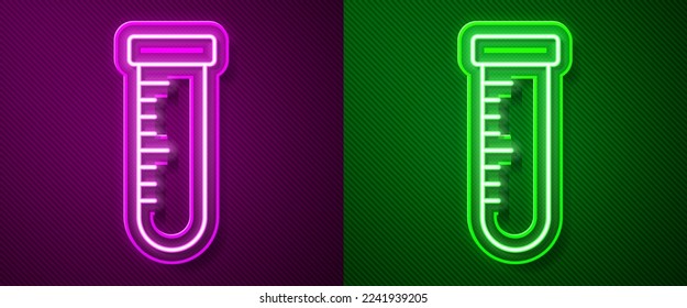 Glowing neon line Test tube and flask chemical laboratory test icon isolated on purple and green background. Laboratory glassware sign.  Vector