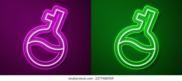 Glowing neon line Test tube and flask chemical laboratory test icon isolated on purple and green background. Laboratory glassware sign.  Vector