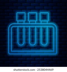 Glowing neon line Test tube and flask chemical laboratory test icon isolated on brick wall background. Laboratory glassware sign.  Vector