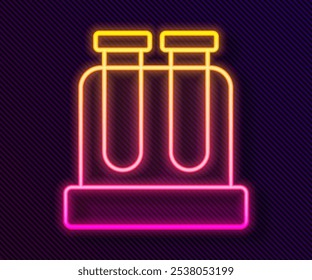 Línea de neón brillante Tubo de ensayo y frasco de prueba de laboratorio químico icono aislado sobre fondo negro. Signo de cristalería de laboratorio.  Vector