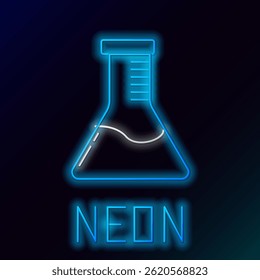 Glowing neon line Test tube and flask chemical laboratory test icon isolated on black background. Laboratory glassware sign. Colorful outline concept. Vector