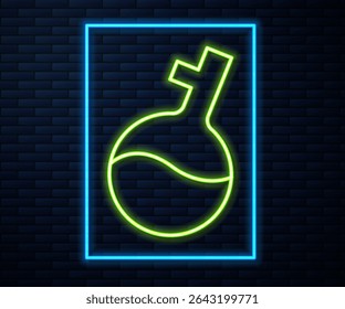 Linha de neon brilhante Tubo de ensaio e frasco ícone de ensaio químico de laboratório isolado no fundo da parede de tijolo. Sinal de vidro de laboratório.  Vetor