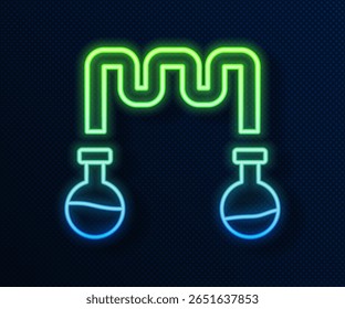 Tubo de ensaio e frasco de neon luminoso - ícone de ensaio químico isolado sobre fundo azul. Sistema de transferência de fluidos. Sinal de vidro de laboratório.  Vetor