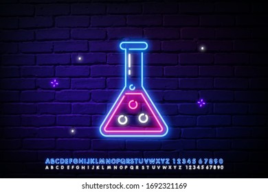 Glowing neon line test tubes and flasks chemical lab test icon isolated on a dark background. Sign for laboratory utensils. vector illustration