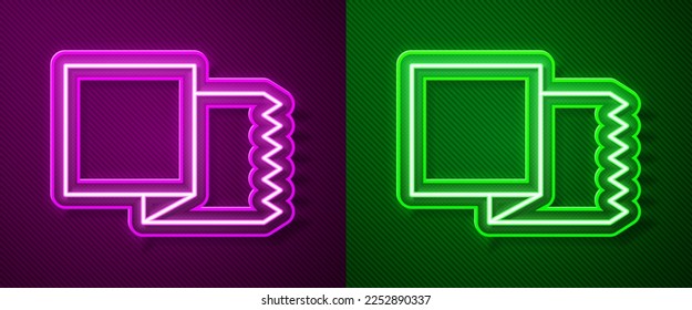 Glowing neon line Textile fabric roll icon isolated on purple and green background. Roll, mat, rug, cloth, carpet or paper roll icon.  Vector