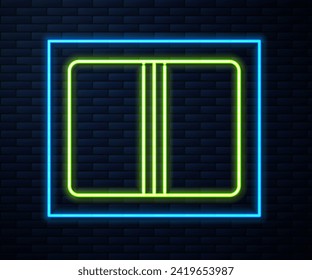 Glowing neon line Textile fabric roll icon isolated on brick wall background. Roll, mat, rug, cloth, carpet or paper roll icon.  Vector