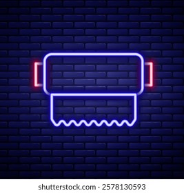 Glowing neon line Textile fabric roll icon isolated on brick wall background. Roll, mat, rug, cloth, carpet or paper roll icon. Colorful outline concept. Vector