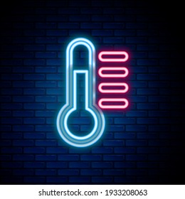Glowing neon line Thermometer icon isolated on brick wall background. Colorful outline concept. Vector