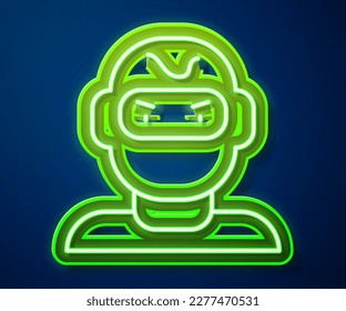Glowing neon line Thief mask icon isolated on blue background. Bandit mask, criminal man.  Vector