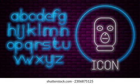 Glowing neon line Thief mask icon isolated on brick wall background. Bandit mask, criminal man. Neon light alphabet. Vector