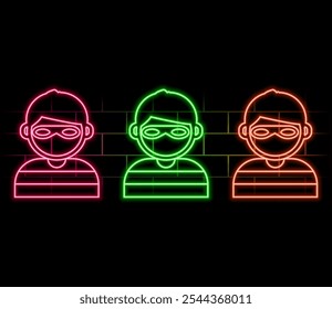 Glowing neon line Thief mask icon isolated on brick wall background. Bandit mask, criminal man. Vector.