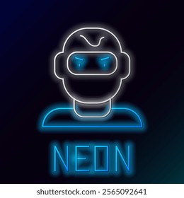 Glowing neon line Thief mask icon isolated on black background. Bandit mask, criminal man. Colorful outline concept. Vector