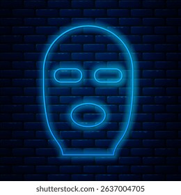 Glowing neon line Thief mask icon isolated on brick wall background. Bandit mask, criminal man.  Vector Illustration