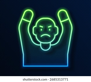 Brilhante linha neon Ladrão entregando mãos para cima ícone isolado no fundo azul. Homem se rendendo com as duas mãos levantadas no ar.  Vetor