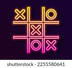 Glowing neon line Tic tac toe game icon isolated on black background.  Vector