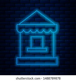 Glowing neon line Ticket box office icon isolated on brick wall background. Ticket booth for the sale of tickets for attractions and sports. Vector Illustration Glowing neon line Ticket box office icon isolated on brick wall background. Ticket booth for the sale of tickets for attractions and sports. Vector Illustration