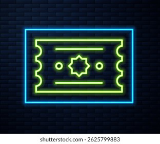 Glowing neon line Ticket icon isolated on brick wall background. Amusement park.  Vector