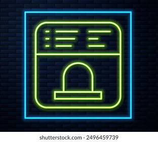 Glowing neon line Ticket office to buy tickets for train or plane icon isolated on brick wall background. Buying tickets. Ticket service.  Vector