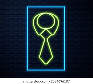 Glowing neon line Tie icon isolated on brick wall background. Necktie and neckcloth symbol.  Vector