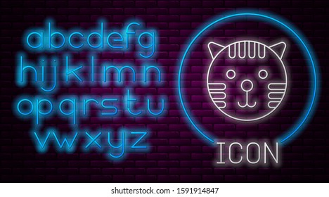 Glowing neon line Tiger zodiac sign icon isolated on brick wall background. Astrological horoscope collection. Neon light alphabet. Vector Illustration