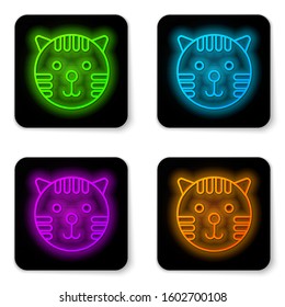 Glowing neon line Tiger zodiac sign icon isolated on white background. Astrological horoscope collection. Black square button. Vector Illustration