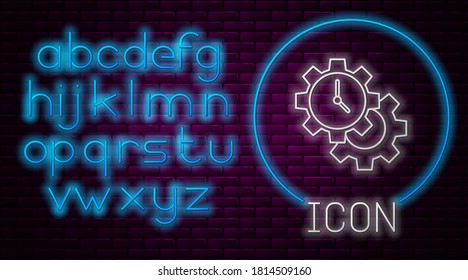 Glowing neon line Time Management icon isolated on brick wall background. Clock and gear sign. Productivity symbol. Neon light alphabet. Vector.