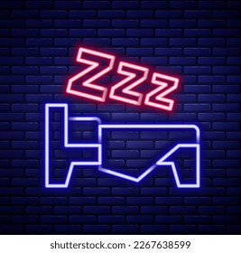 Glowing neon line Time to sleep icon isolated on brick wall background. Sleepy zzz. Healthy lifestyle. Colorful outline concept. Vector