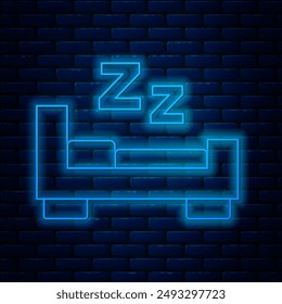 Glowing neon line Time to sleep icon isolated on brick wall background. Sleepy zzz. Healthy lifestyle.  Vector