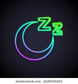 Linha de neon brilhante Ícone de tempo para dormir isolado no fundo preto. Zzzz sonolento. Estilo de vida saudável.  Vetor