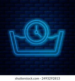 Glowing neon line Time wash icon isolated on brick wall background. Temperature wash.  Vector