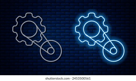 Glowing neon line Timing belt kit icon isolated on brick wall background.  Vector