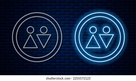 Glowing neon line Toilet icon isolated on brick wall background. WC sign. Washroom.  Vector