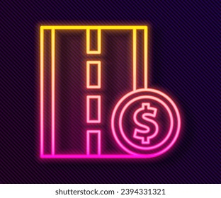 Glowing neon line Toll road traffic sign. Signpost icon isolated on black background. Pointer symbol. Street information sign. Direction sign.  Vector Illustration