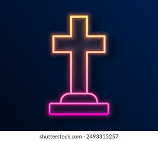 Glowing neon line Tombstone with cross icon isolated on black background. Grave icon. Happy Halloween party.  Vector