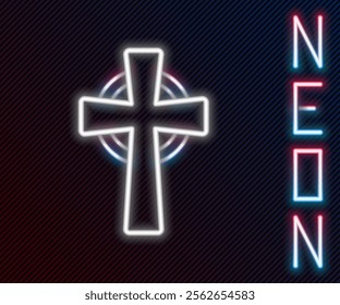 Glowing neon line Tombstone with cross icon isolated on black background. Grave icon. Colorful outline concept. Vector