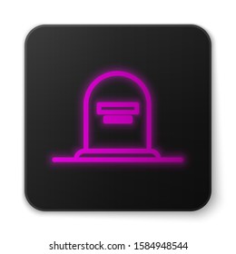 Glowing neon line Tombstone with RIP written on it icon isolated on white background. Grave icon. Black square button. Vector Illustration