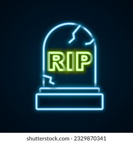 Glowing neon line Tombstone with RIP written on it icon isolated on black background. Grave icon. Happy Halloween party. Colorful outline concept. Vector