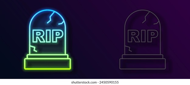 Glowing neon line Tombstone with RIP written on it icon isolated on black background. Grave icon. Happy Halloween party.  Vector