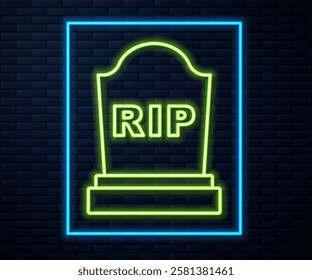 Glowing neon line Tombstone with RIP written on it icon isolated on brick wall background. Grave icon.  Vector