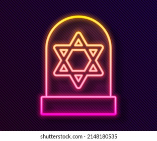 Glowing neon line Tombstone with star of david icon isolated on black background. Jewish grave stone. Gravestone icon.  Vector