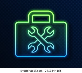 Glowing neon line Toolbox icon isolated on blue background. Tool box sign.  Vector