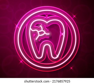 Glowing neon line Tooth with caries icon isolated on red background. Tooth decay.  Vector