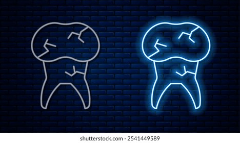 Glowing neon line Tooth with caries icon isolated on brick wall background. Tooth decay.  Vector