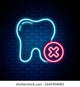 Glowing neon line Tooth with caries icon isolated on brick wall background. Tooth decay. Colorful outline concept. Vector