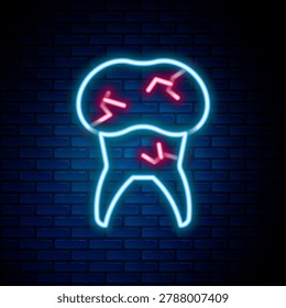 Glowing neon line Tooth with caries icon isolated on brick wall background. Tooth decay. Colorful outline concept. Vector