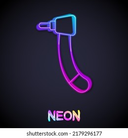 Glowing neon line Tooth drill icon isolated on black background. Dental handpiece for drilling and grinding tools.  Vector