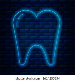 Glowing neon line Tooth icon isolated on brick wall background. Tooth symbol for dentistry clinic or dentist medical center and toothpaste package.  Vector Illustration