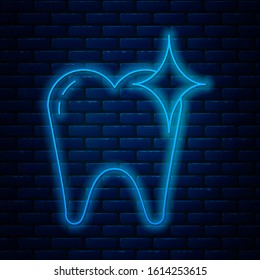Glowing neon line Tooth whitening concept icon isolated on brick wall background. Tooth symbol for dentistry clinic or dentist medical center.  Vector Illustration